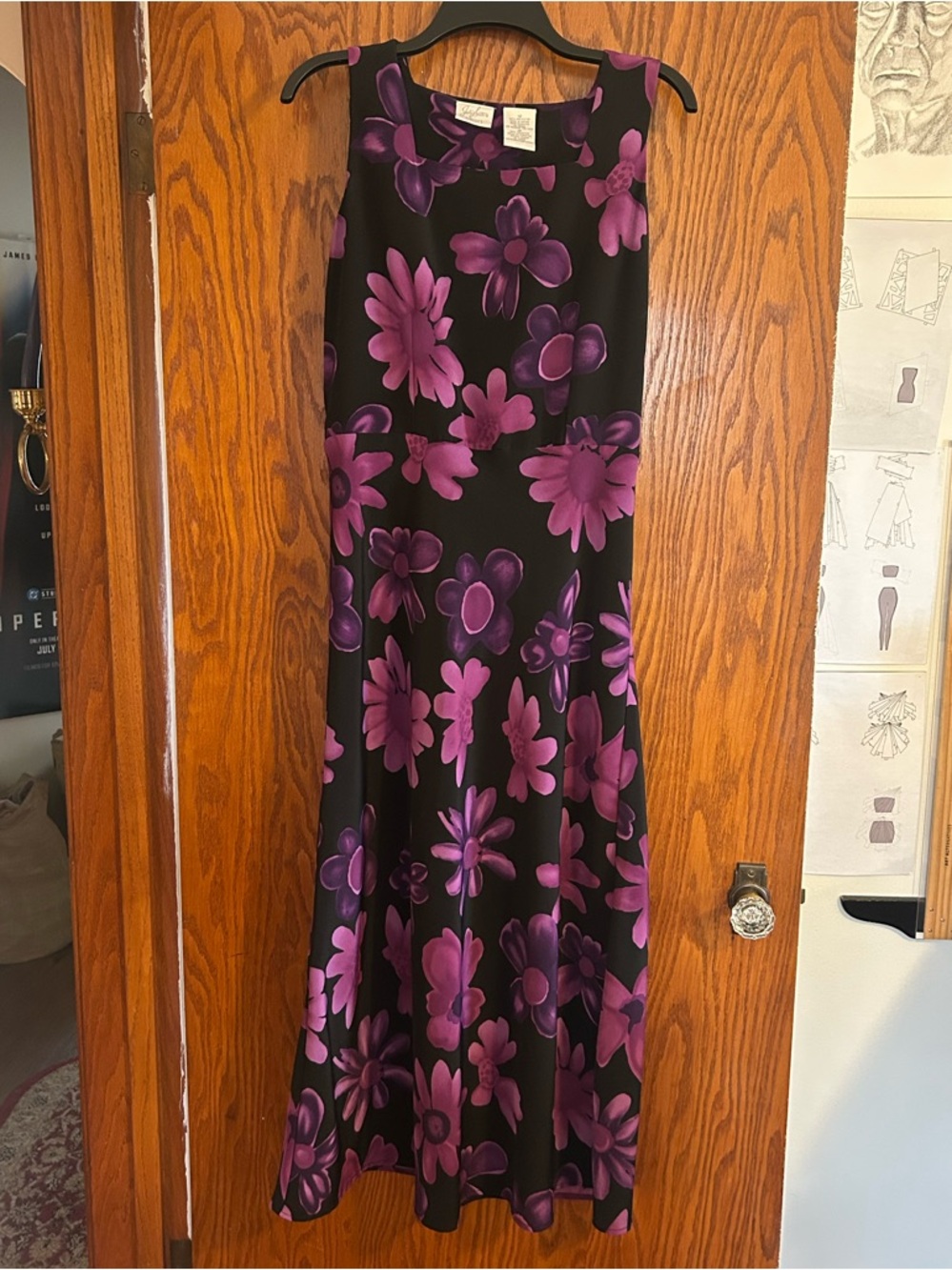 Jaclyn Smith Black Maxi Dress with Purple Floral Print